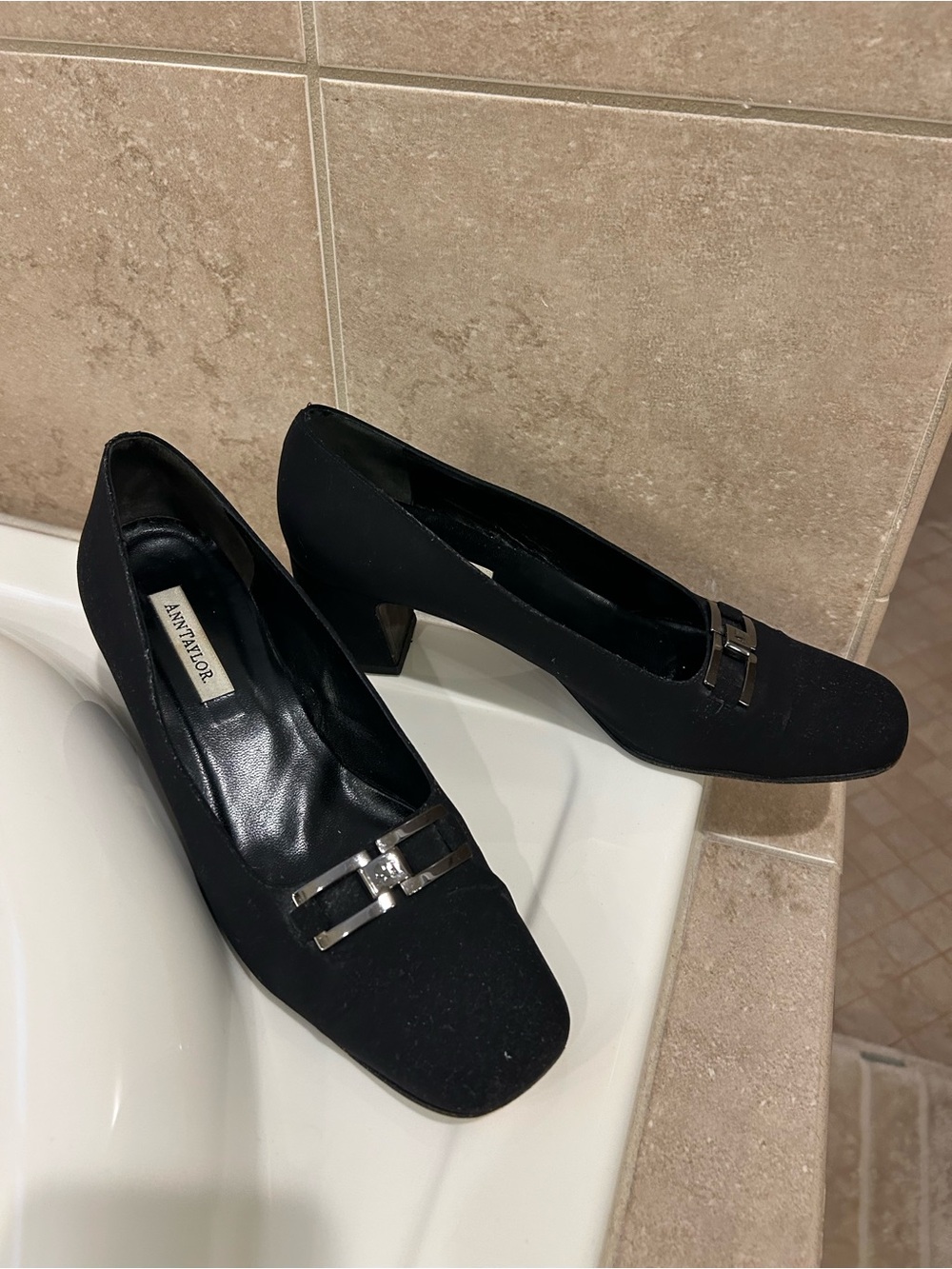 Ann Taylor Black Mid-Heel Pumps with Silver Buckle